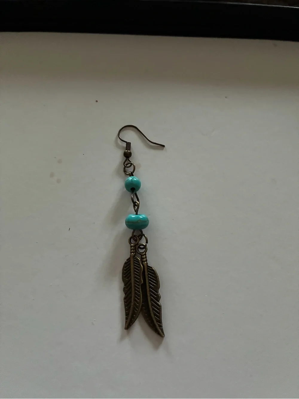 Handmade one Turquoise Bead & Brass Feather Drop Earring for men